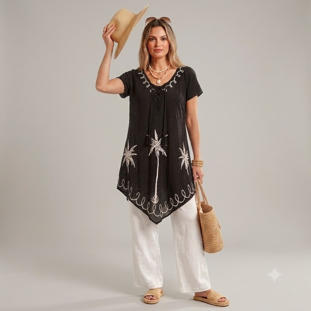 Swim Cover-Up Women Black One Size Palm Tree Embroidered‎ Tunic